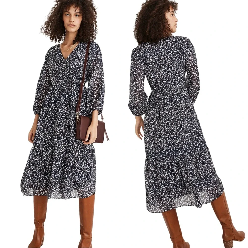 Madewell Women's Tie-Waist Midi Dress in Harvest Vine Navy Floral Size Large - Picture 1 of 10